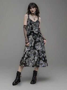 Black Floral Slip Midi Dress Chiffon Sequin Romance Whimsigoth Dark Fairy Y2K 90
